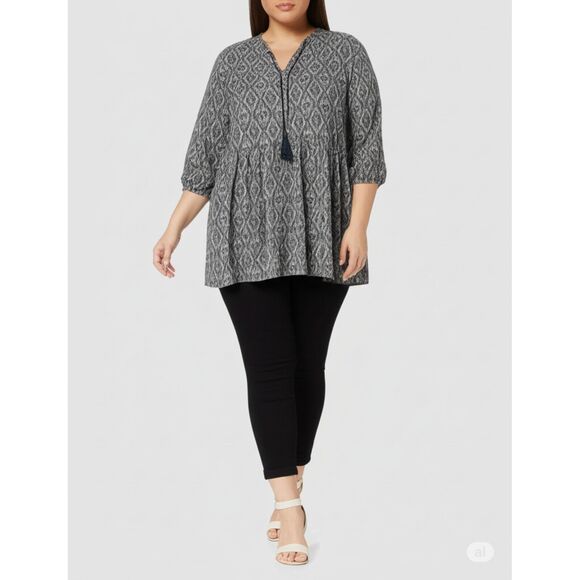 Fred David Peasant Blouse Women's 2X Gray Ikat Print Tassel V-Neck 3/4 Sleeve - Picture 1 of 15